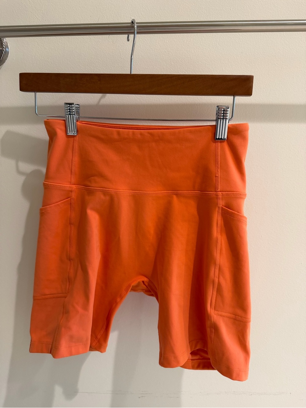 Lorna Jane Bright Orange High-Waist Bike Shorts with side pockets